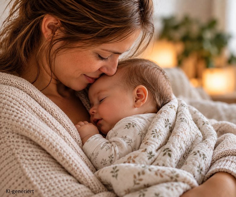 Mutter umarmt ihr Baby behutsam